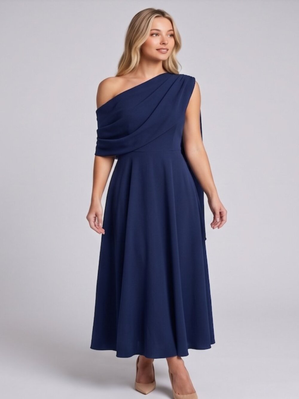 Blue One-Shoulder Chiffon Draped Cape Midi Dress